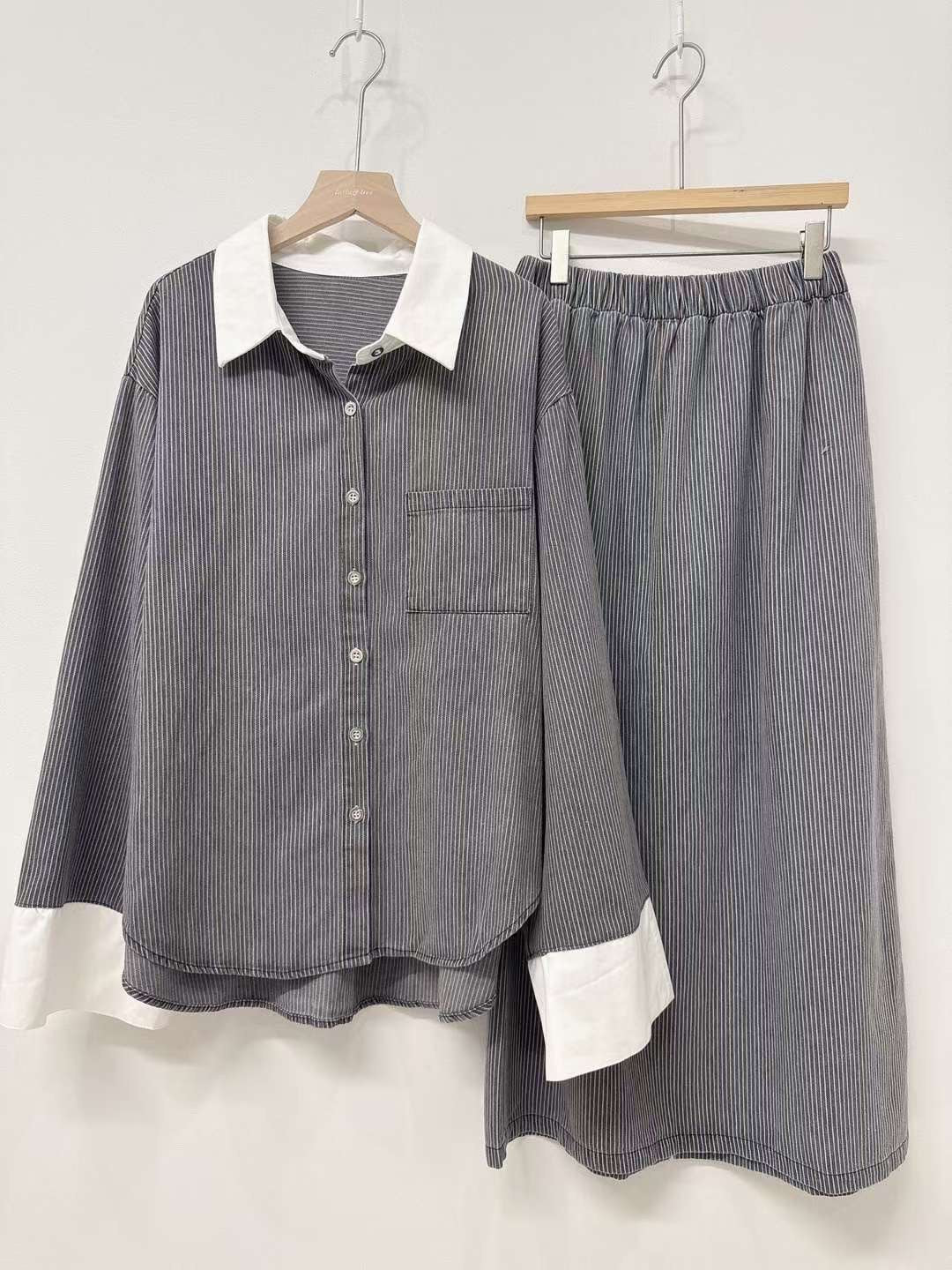 配色領直條襯衫長裙套裝