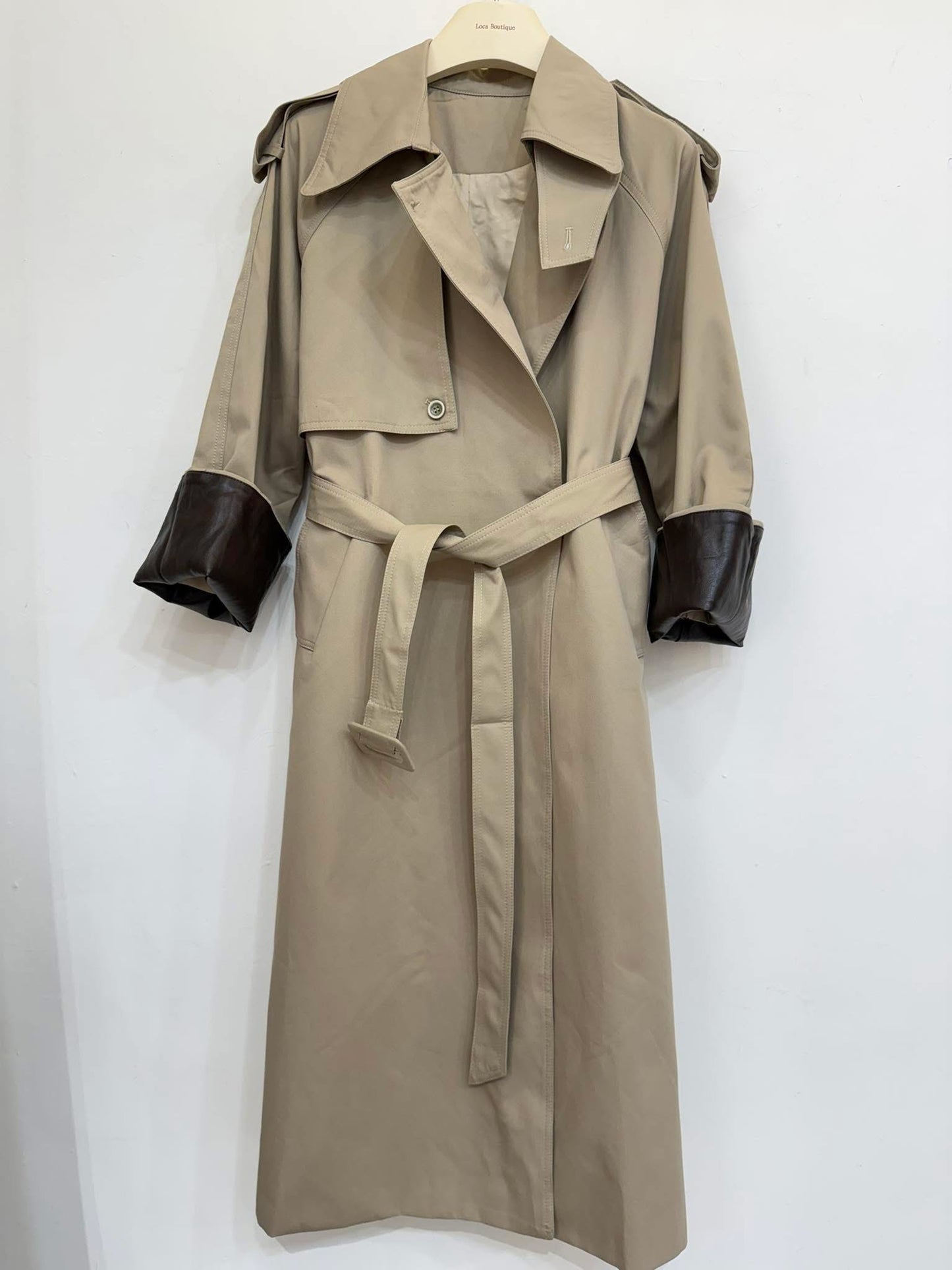 皮革袖設計長風衣外套