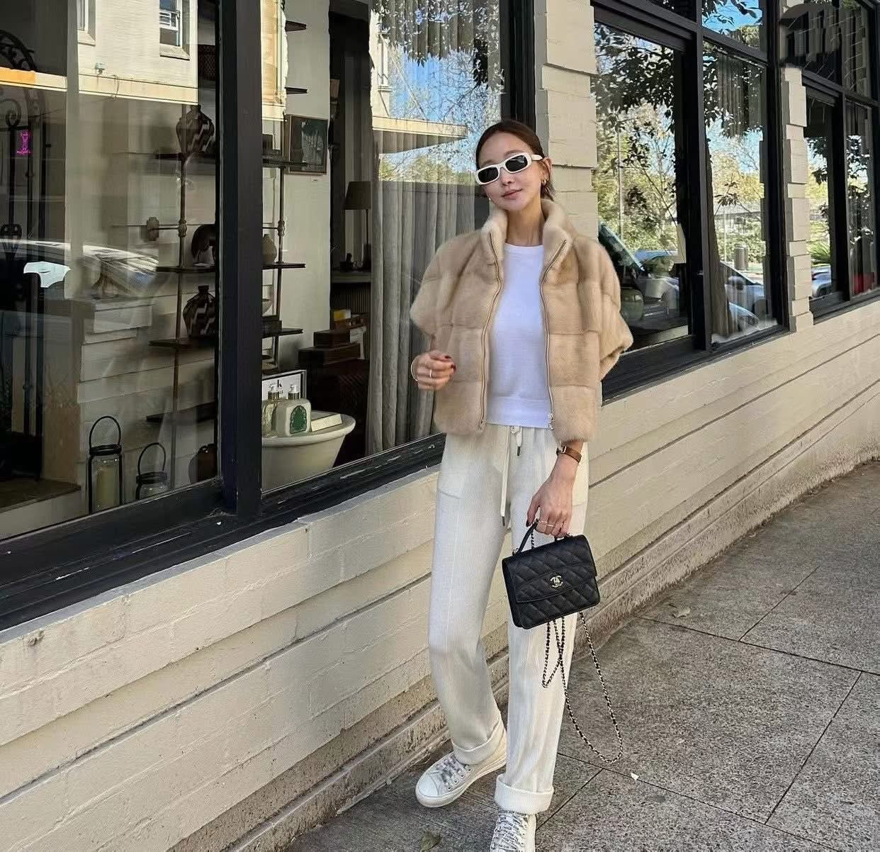 線條短袖毛絨外套