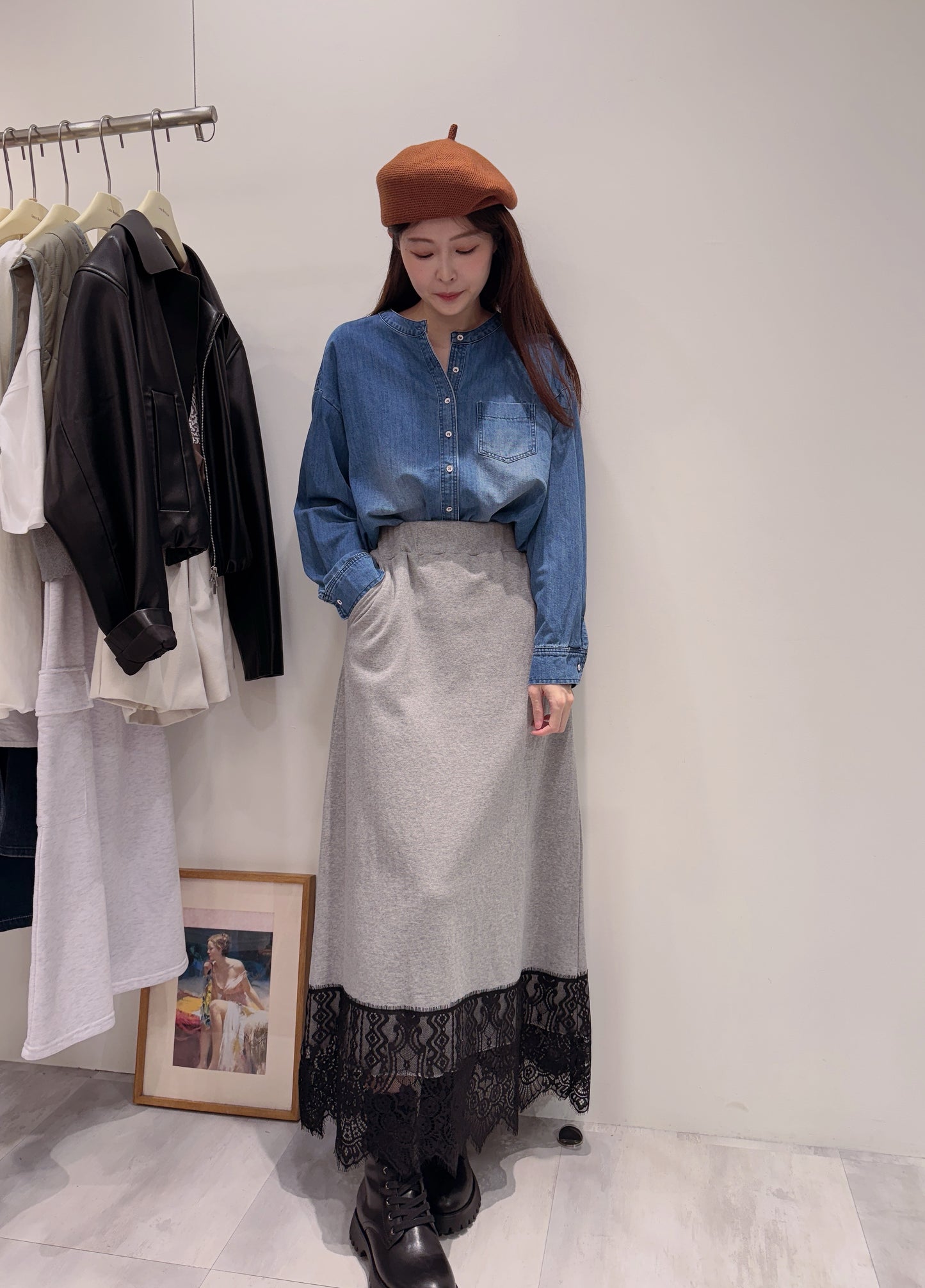 無領設計牛仔襯衫上衣