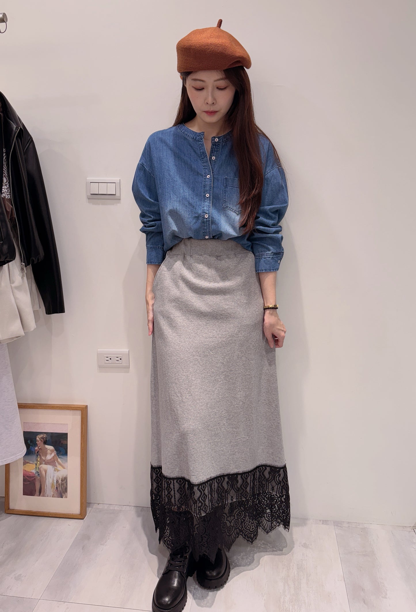 圖紋蕾絲拼接棉質長裙