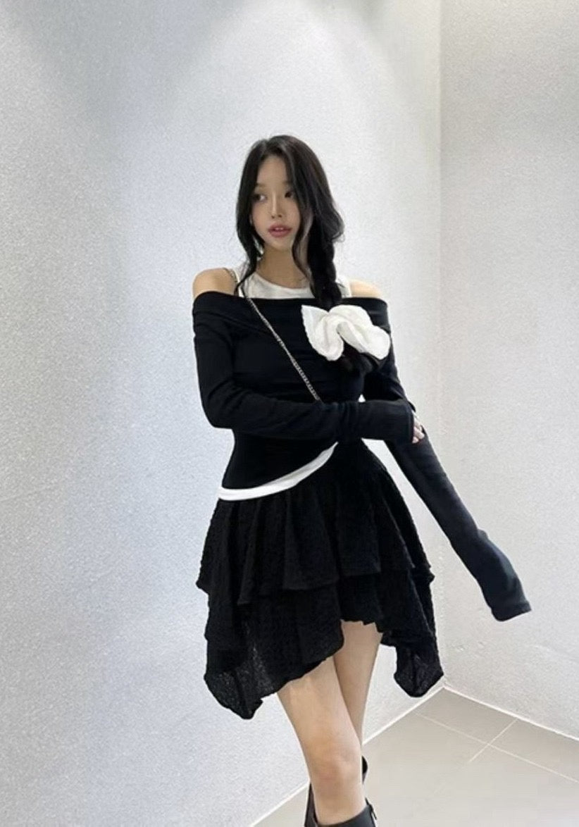 黑白拼接一字領上衣