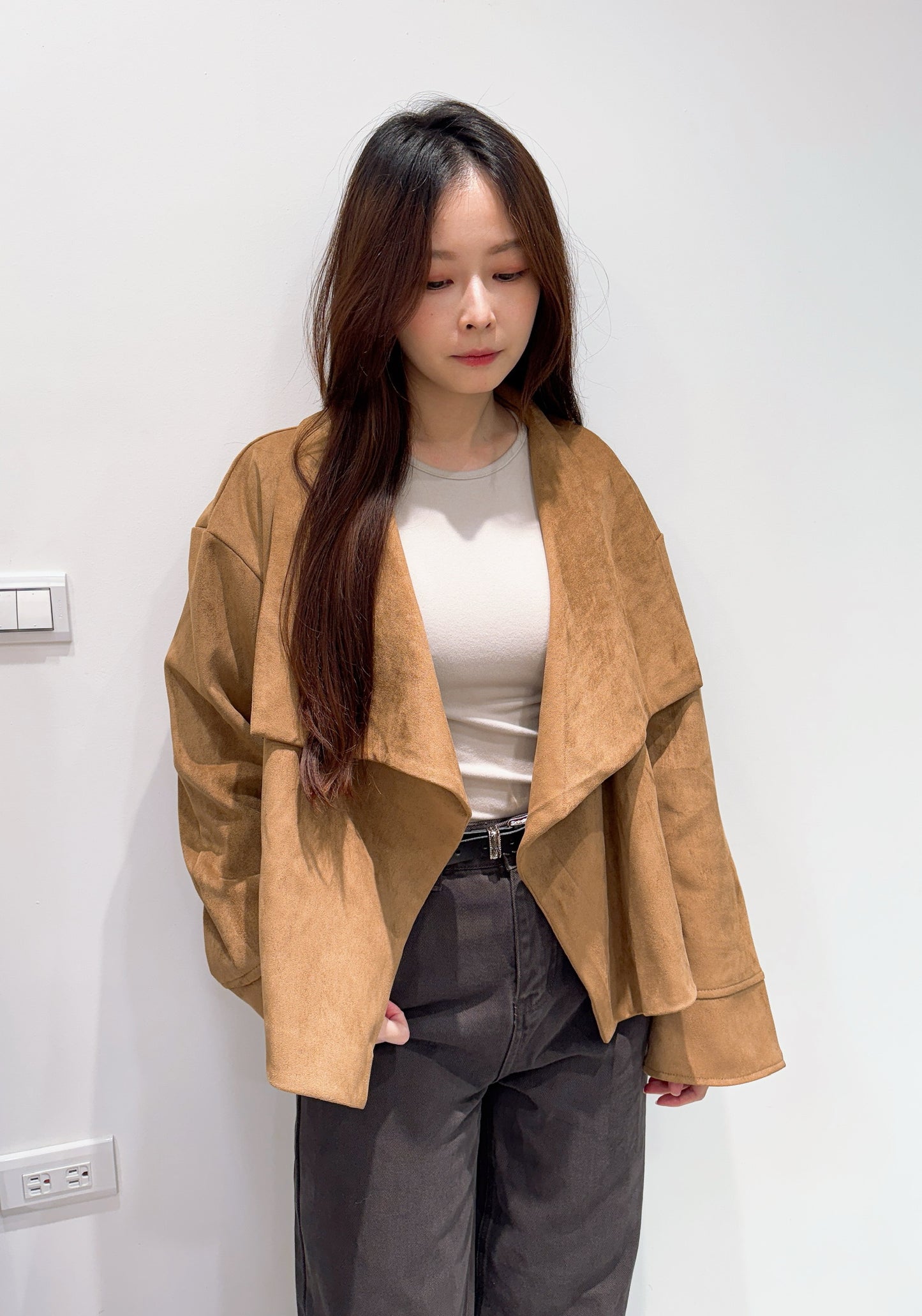 開襟翻領麂皮外套