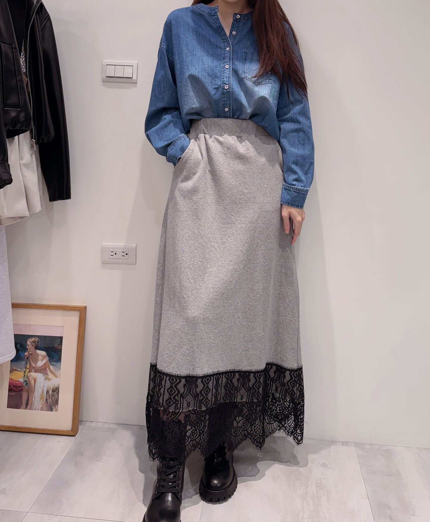 圖紋蕾絲拼接棉質長裙