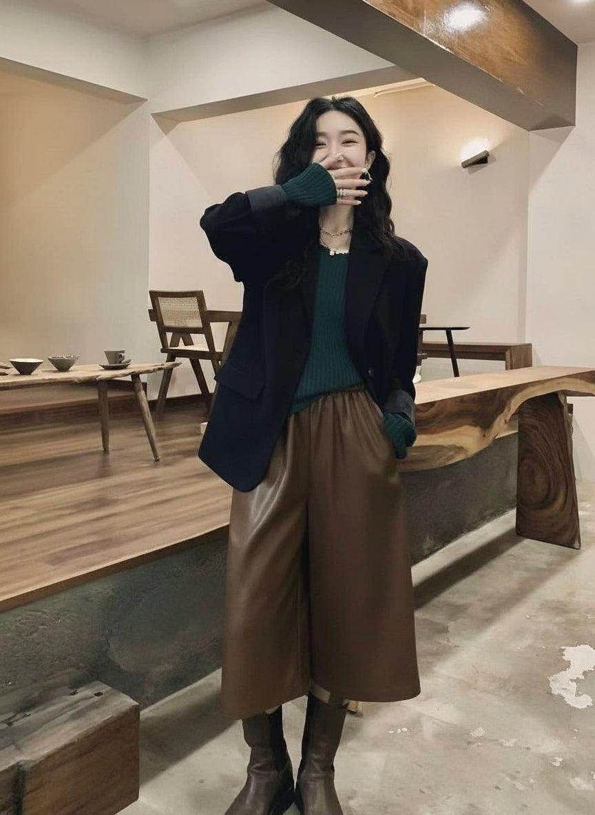 霧面皮革八分褲裙