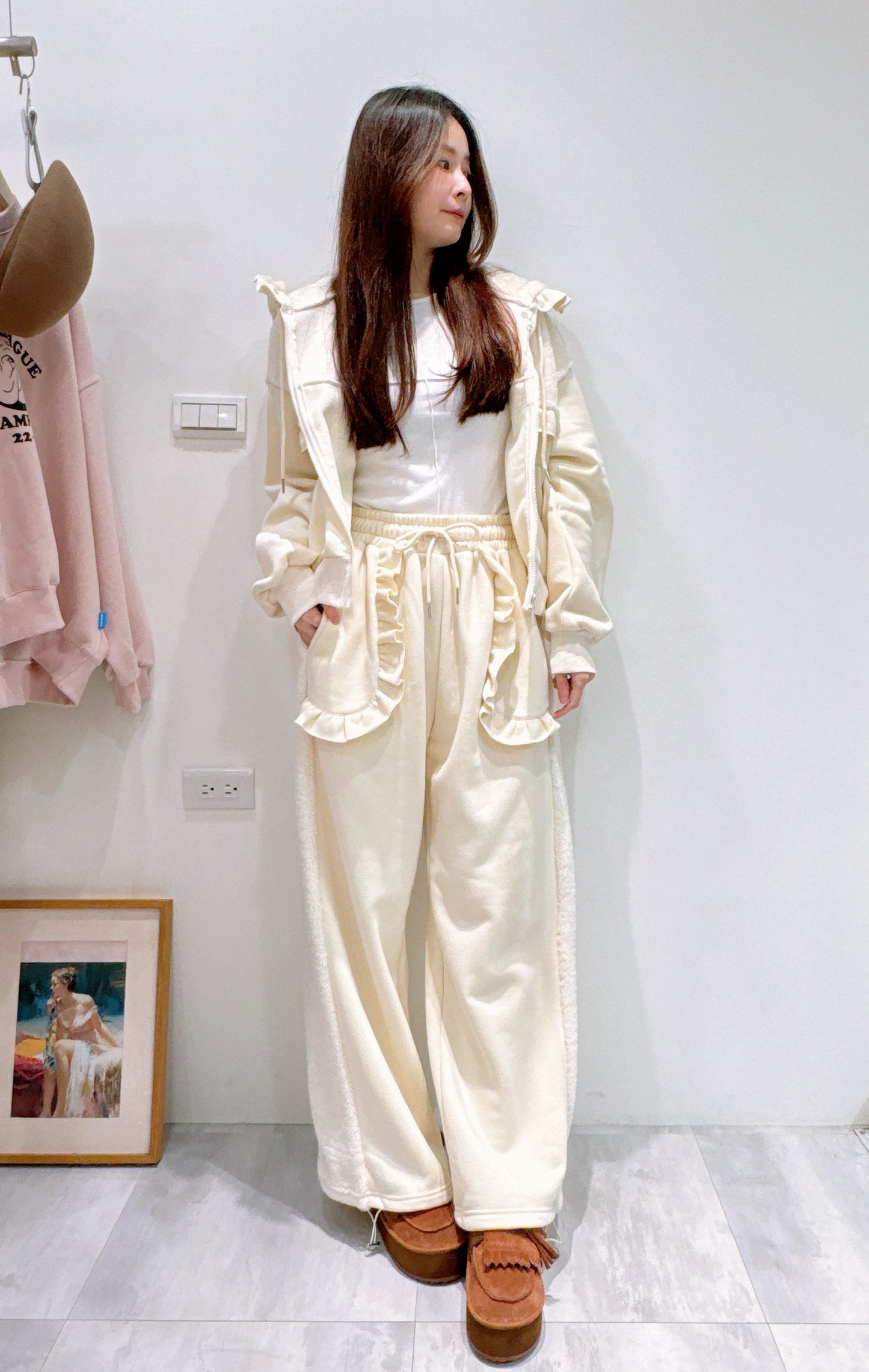 荷葉接邊連帽外套/長褲套裝