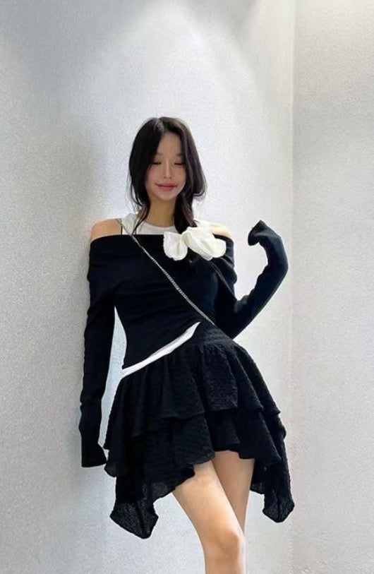 黑白拼接一字領上衣