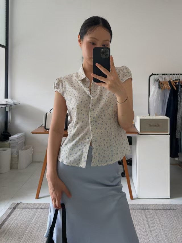 法式小花點蓋袖上衣