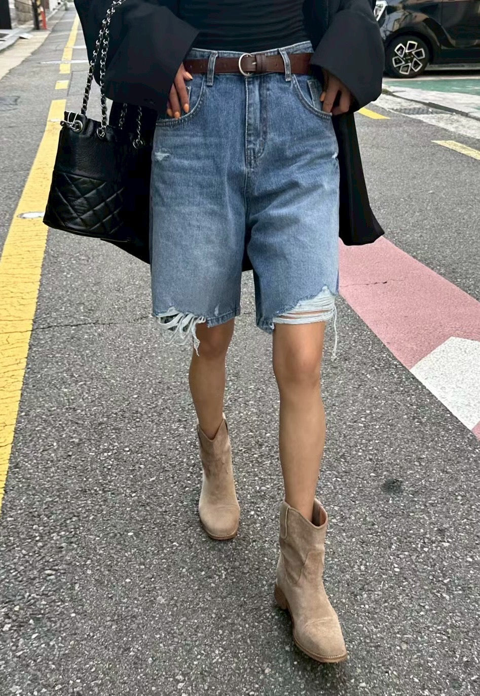 膝上直筒刷破牛仔褲