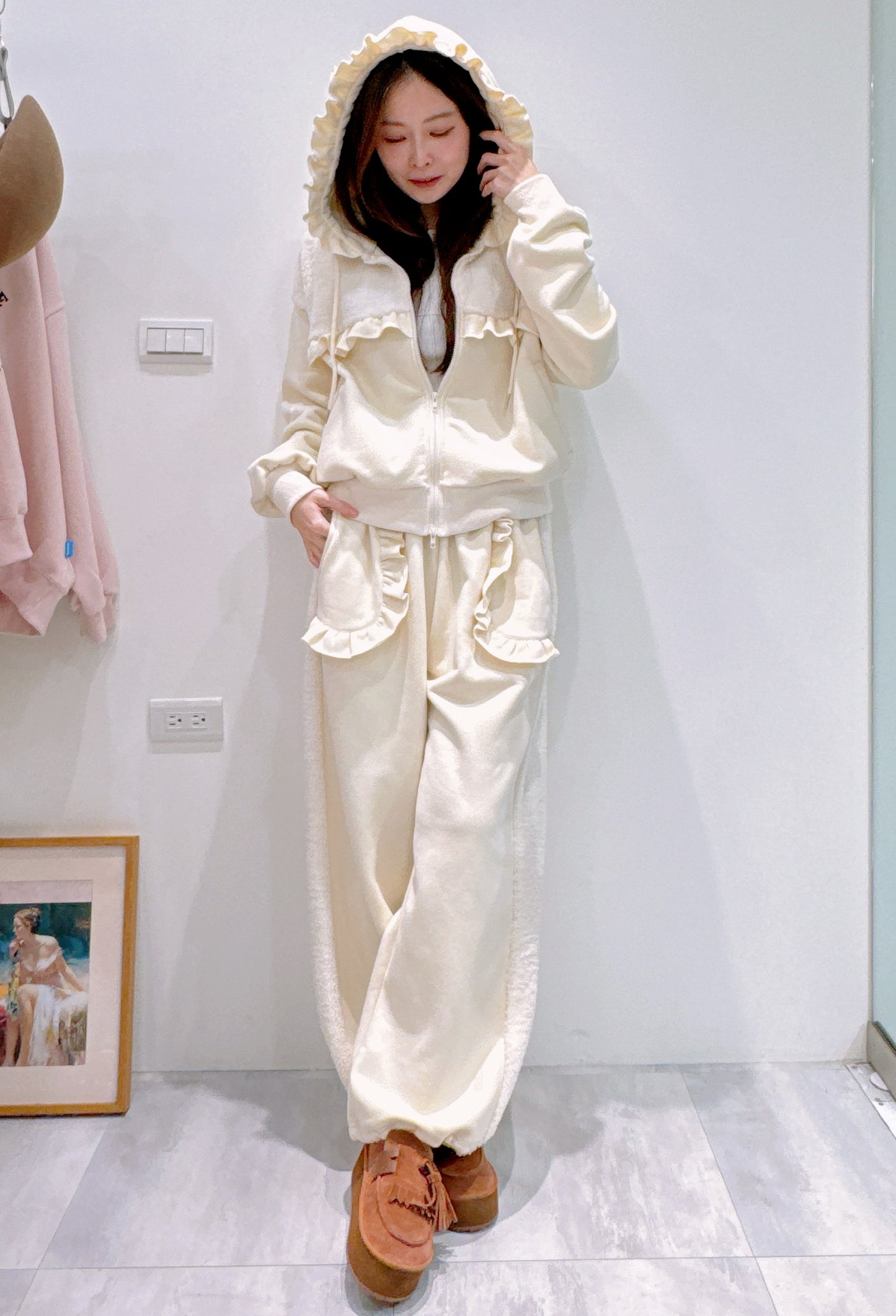 荷葉接邊連帽外套/長褲套裝