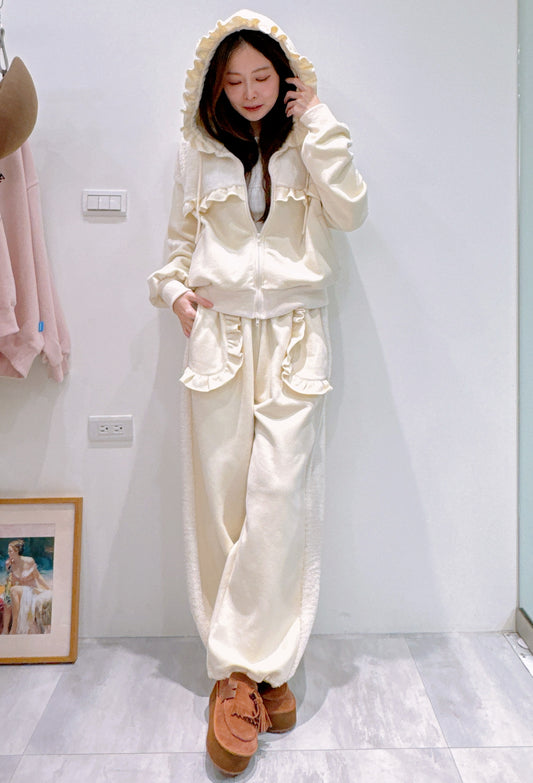 荷葉接邊連帽外套/長褲套裝