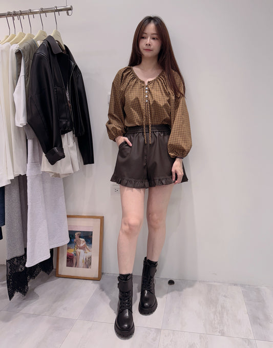 法式小細格寬領上衣
