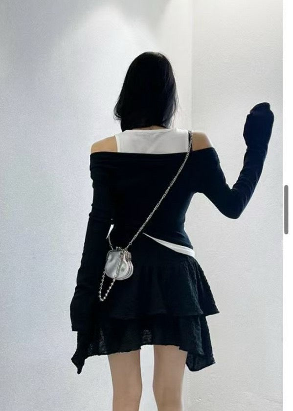 黑白拼接一字領上衣