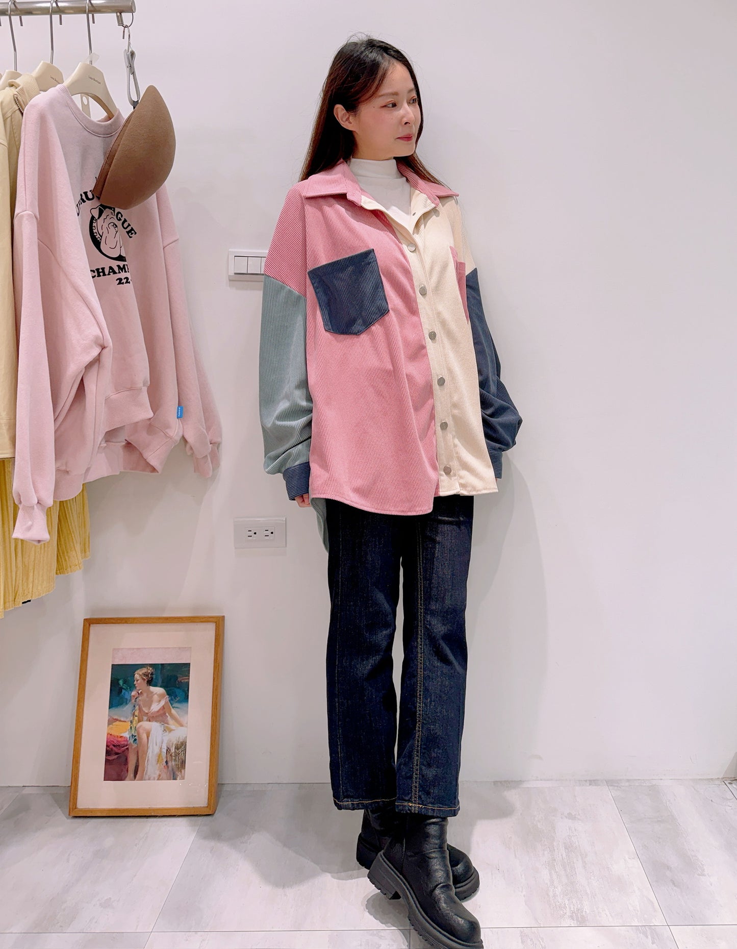 拼色燈芯絨襯衫外套