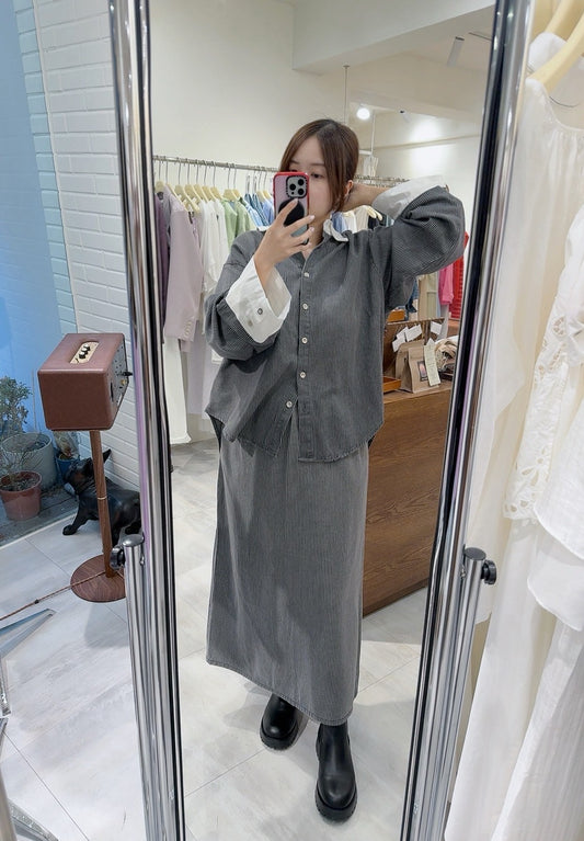 配色領直條襯衫長裙套裝