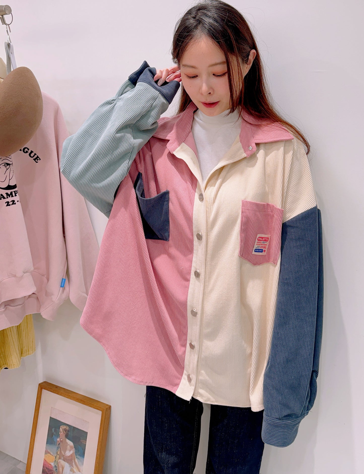 拼色燈芯絨襯衫外套