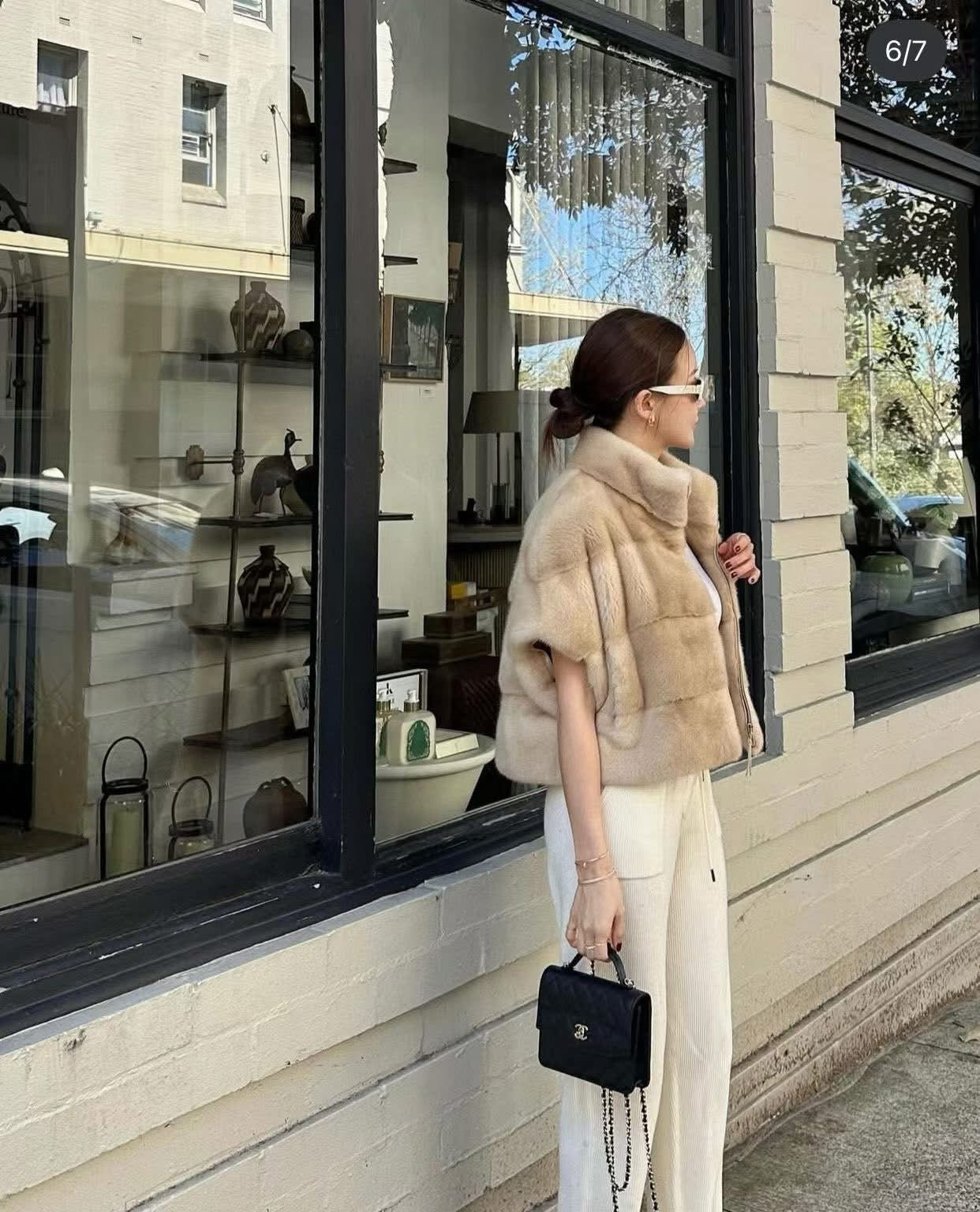 線條短袖毛絨外套