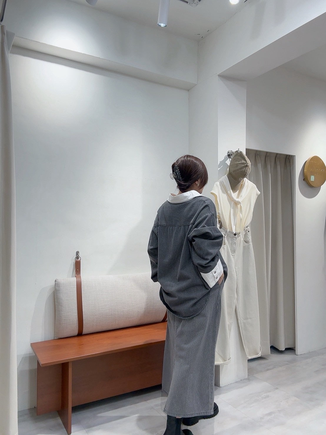 配色領直條襯衫長裙套裝