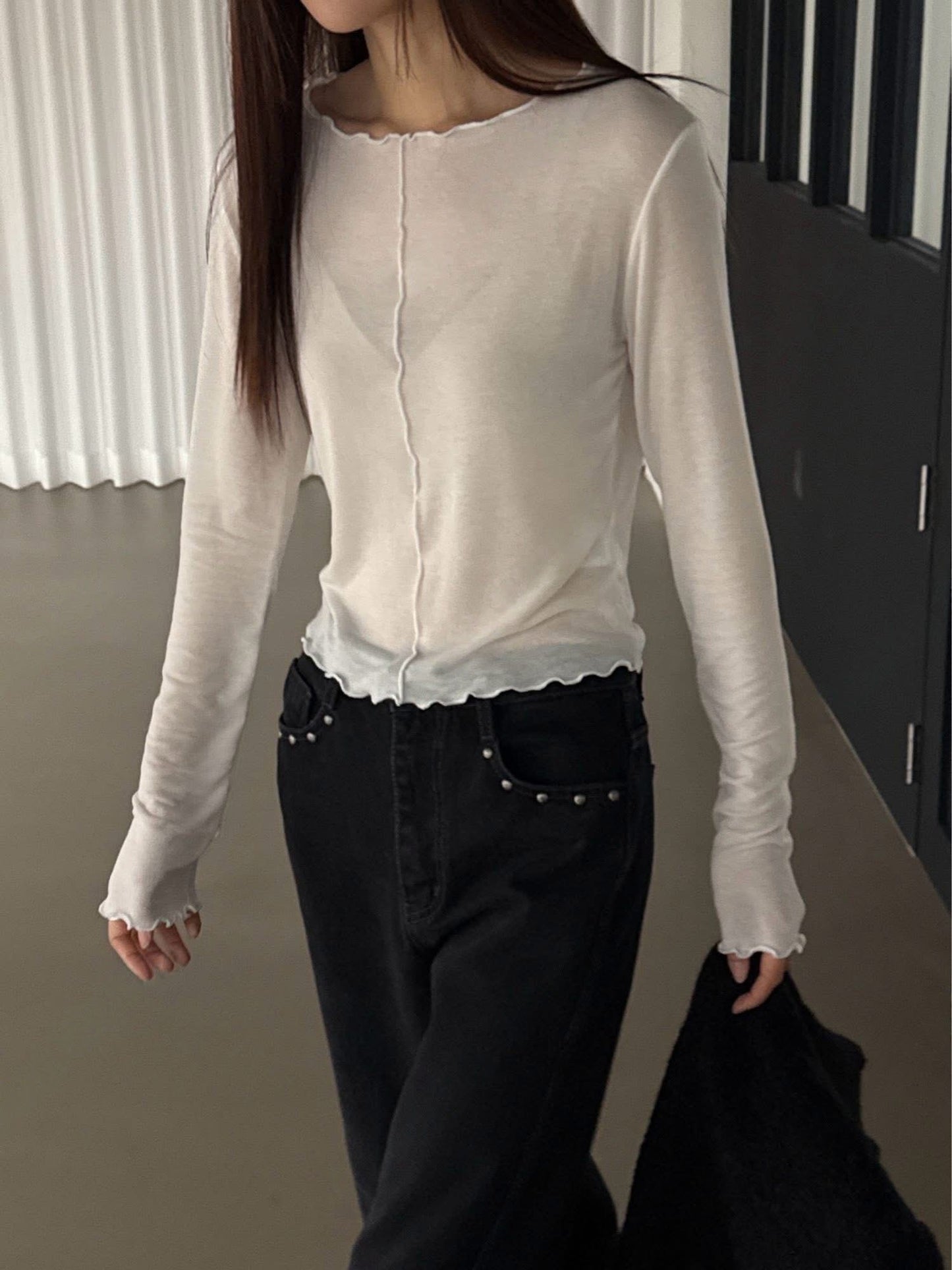 薄棉質波浪車邊壓線上衣