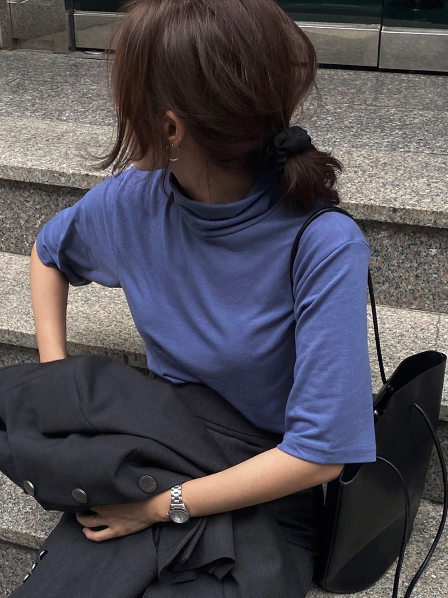 氣質微立領五分袖上衣