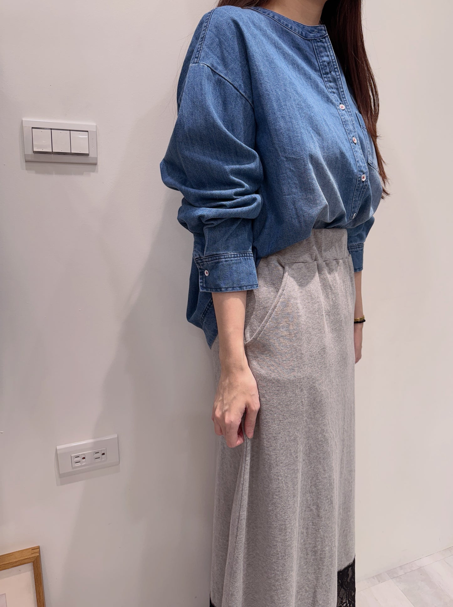 無領設計牛仔襯衫上衣