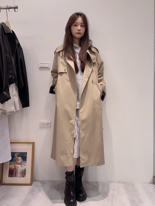 皮革袖設計長風衣外套