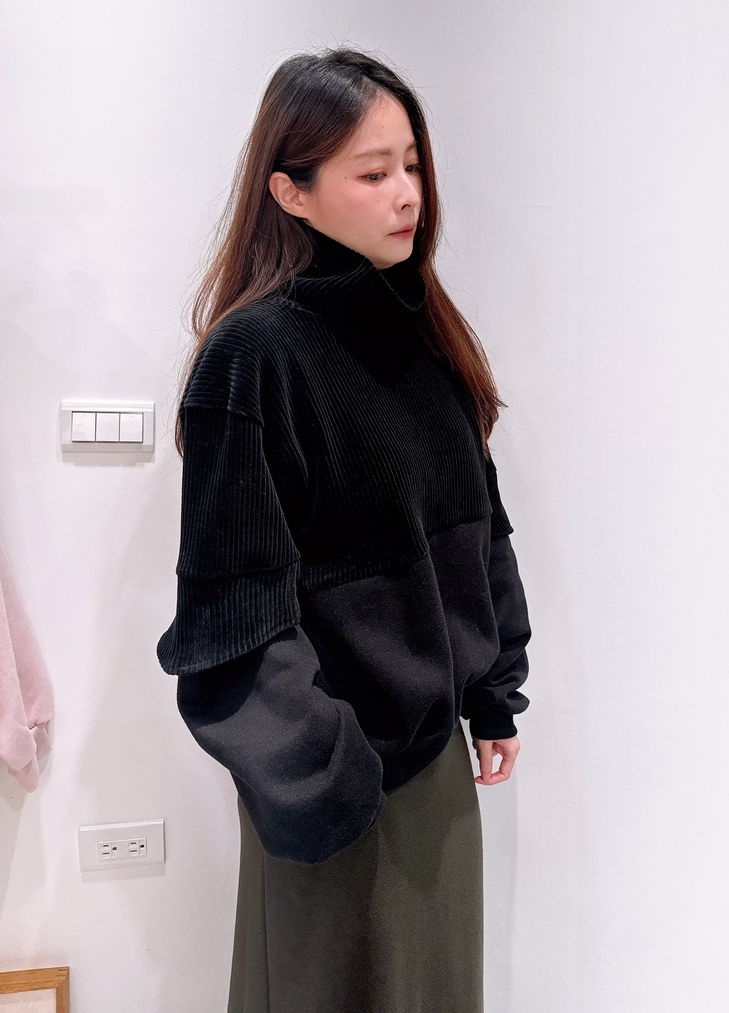 立領絨布拼接棉質上衣