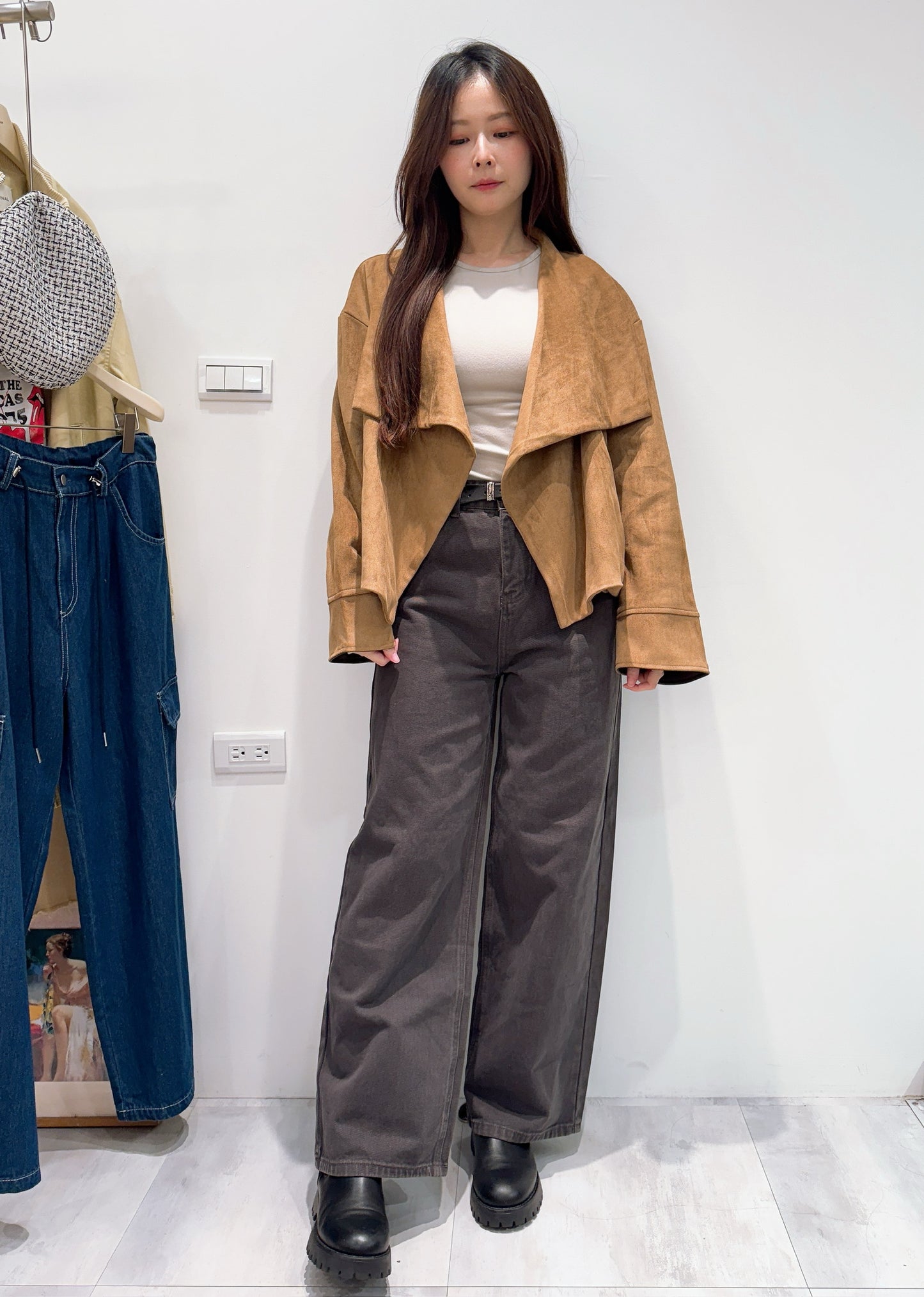 開襟翻領麂皮外套