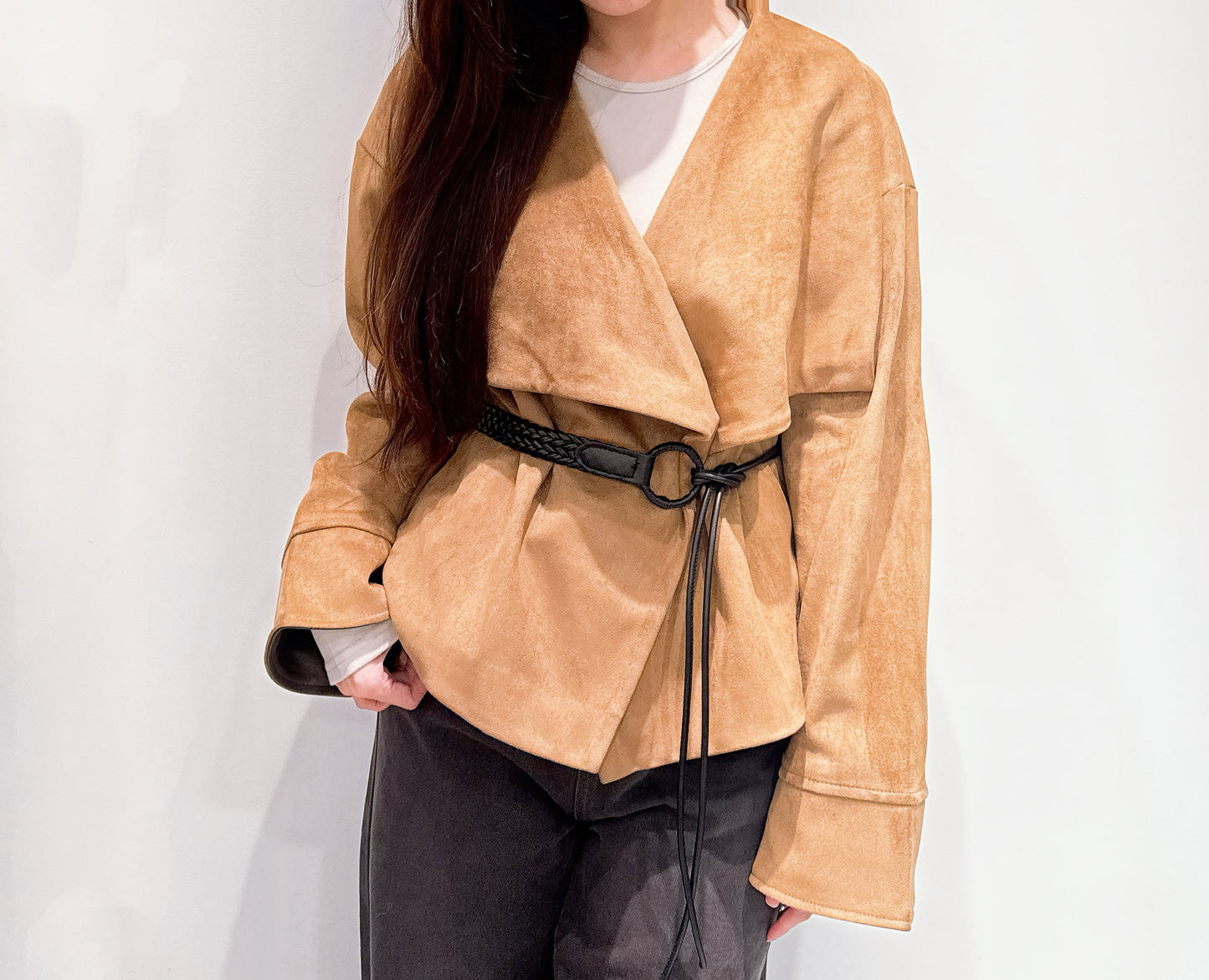 開襟翻領麂皮外套