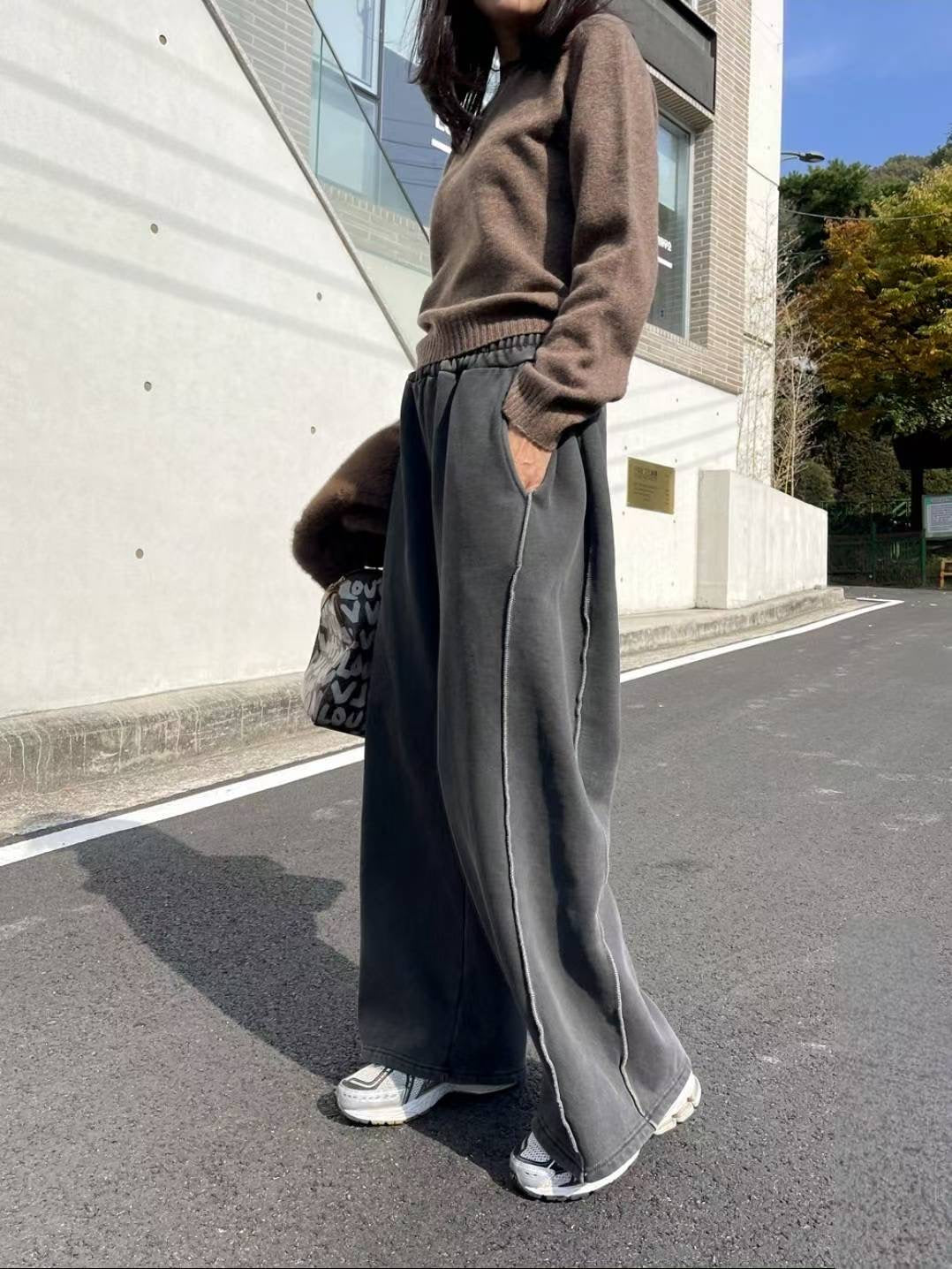 立體線段寬管直筒褲