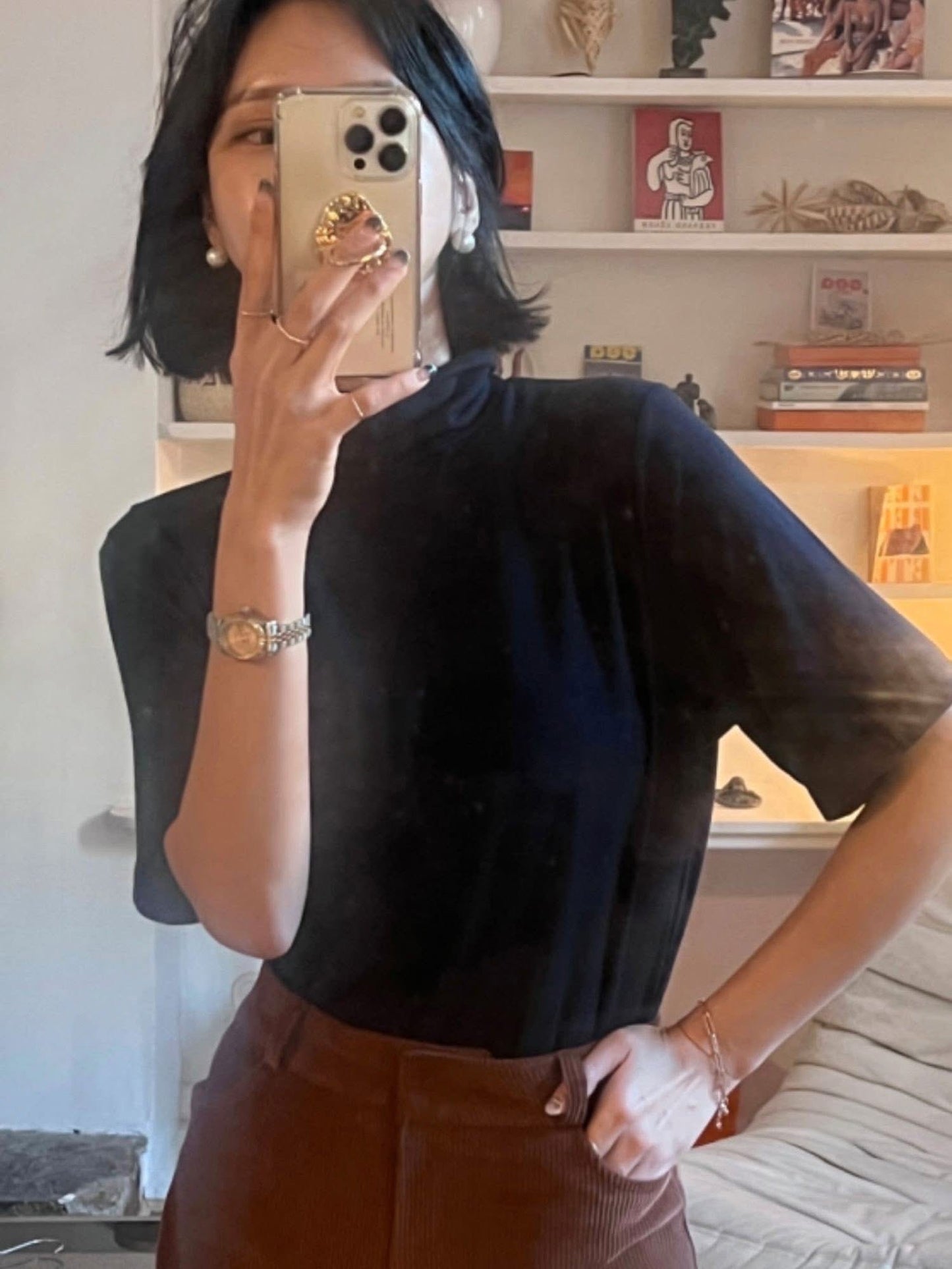 氣質微立領五分袖上衣