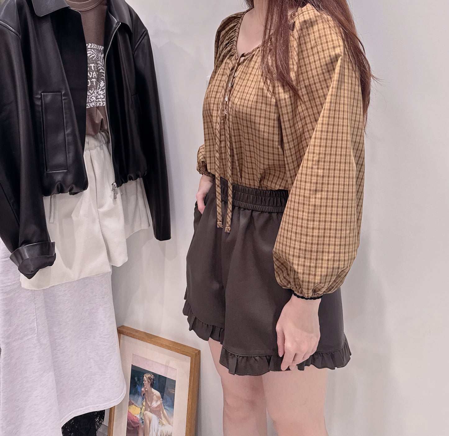 法式小細格寬領上衣