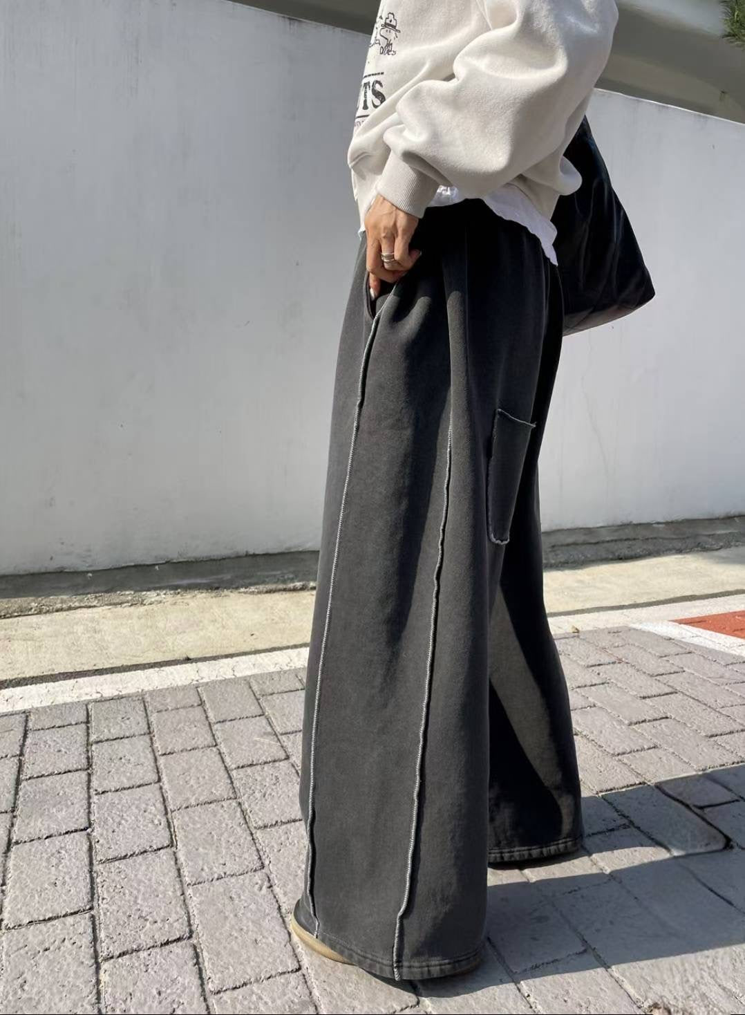 立體線段寬管直筒褲