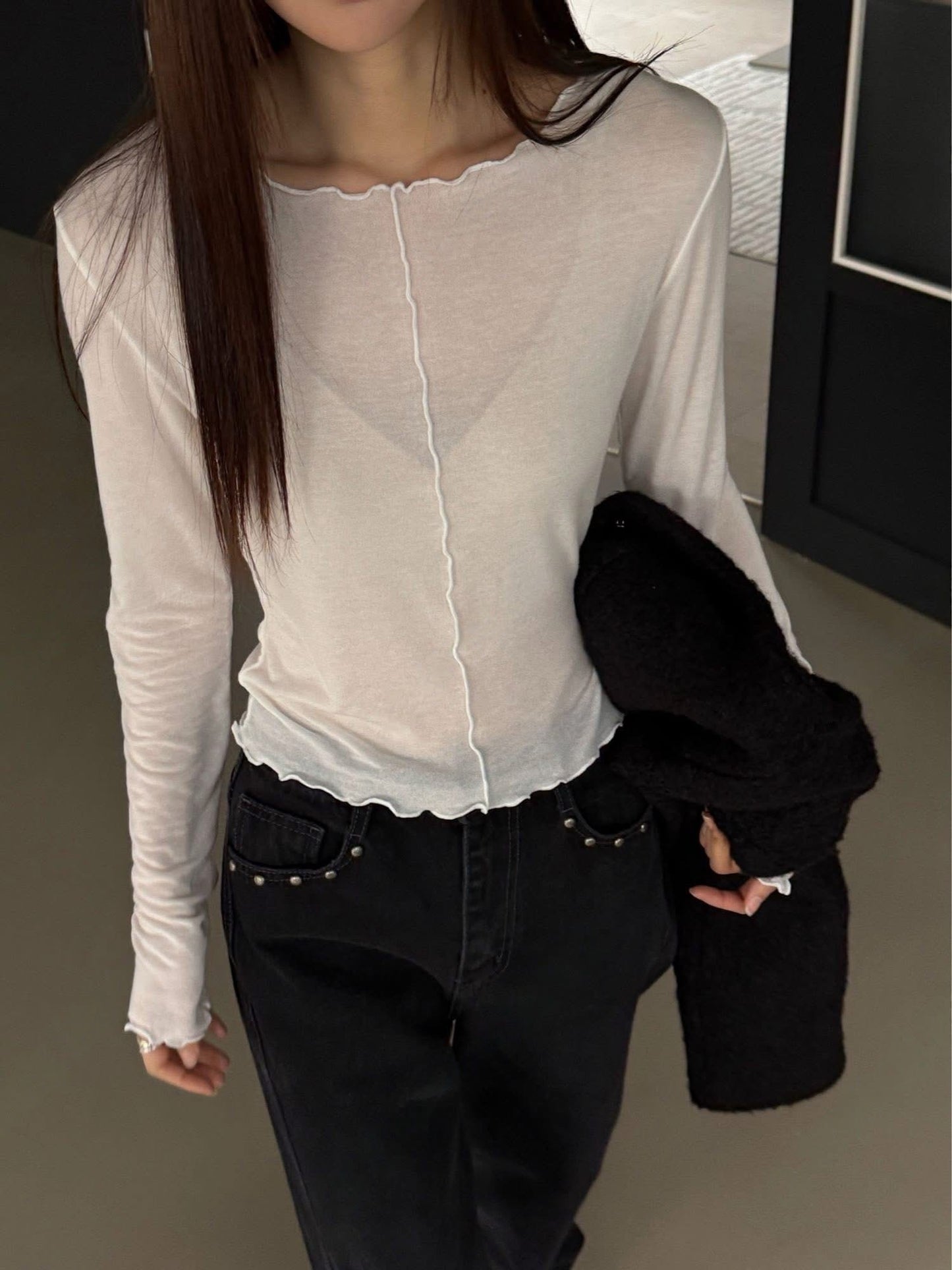 薄棉質波浪車邊壓線上衣