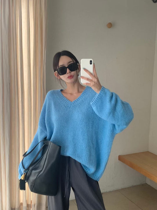 慵懶V型領寬鬆針織衫