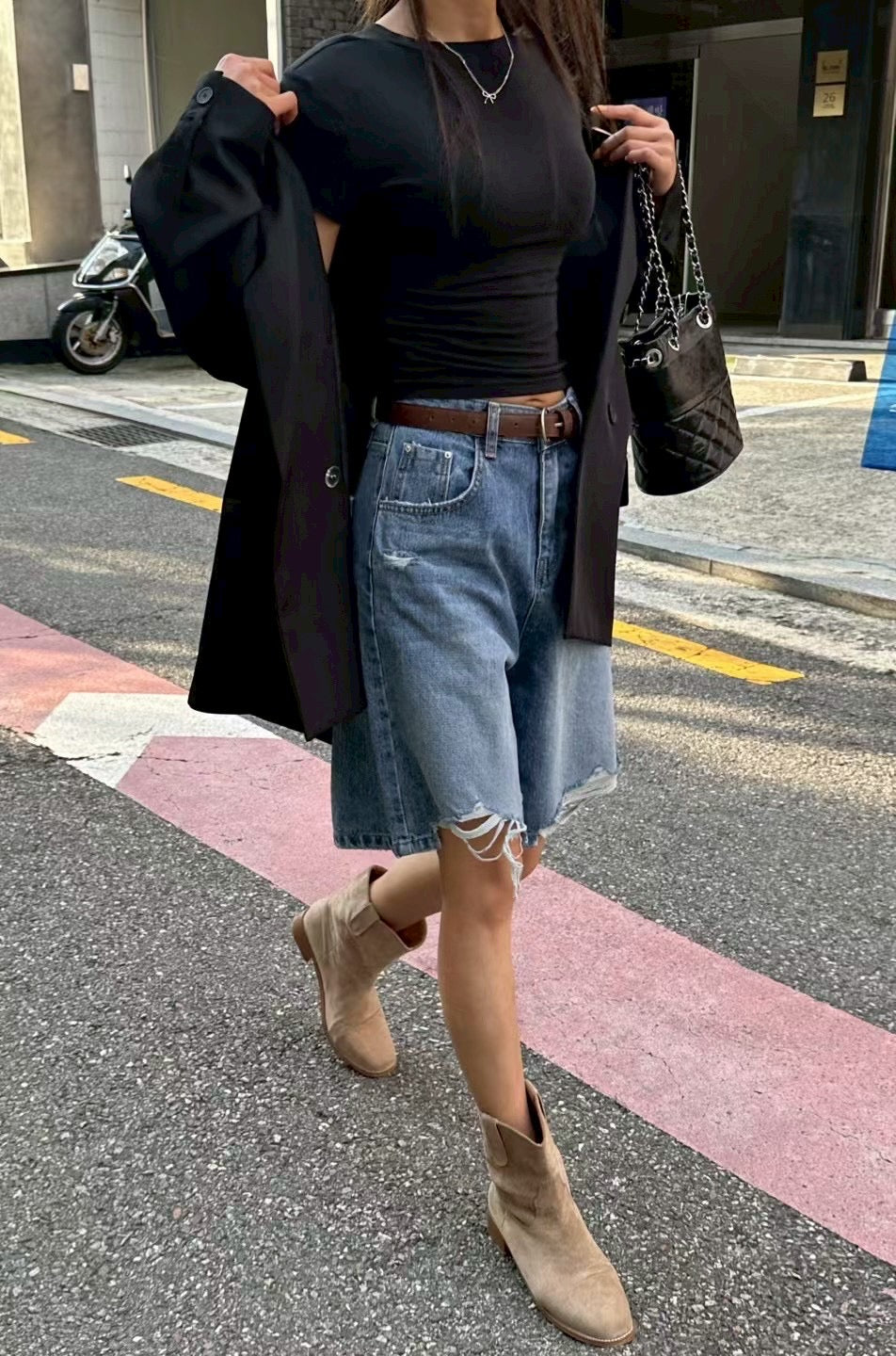 膝上直筒刷破牛仔褲