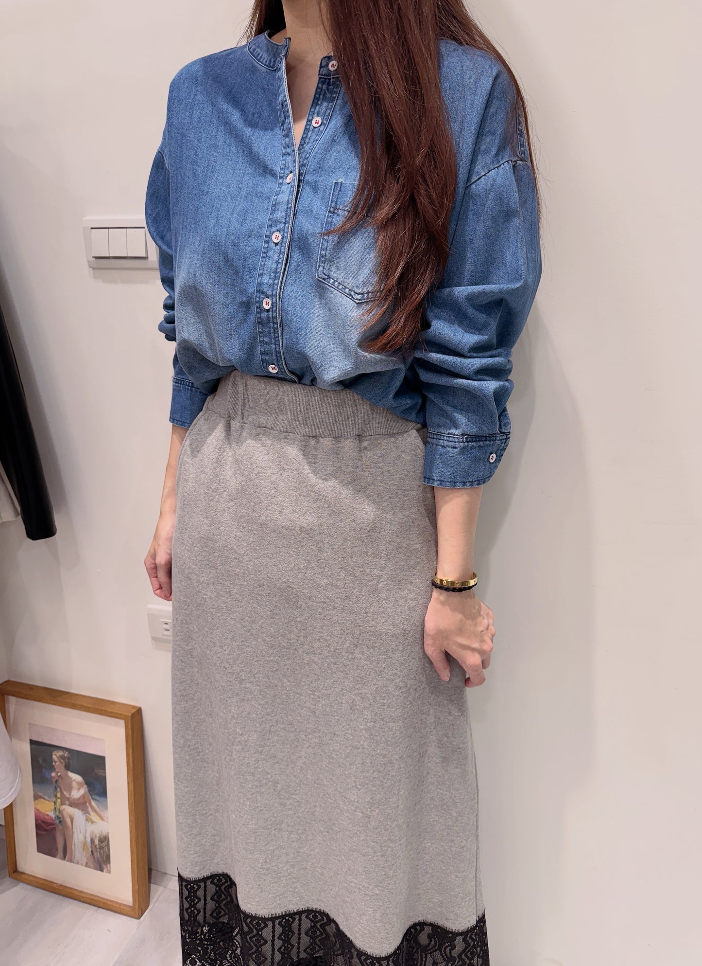 無領設計牛仔襯衫上衣