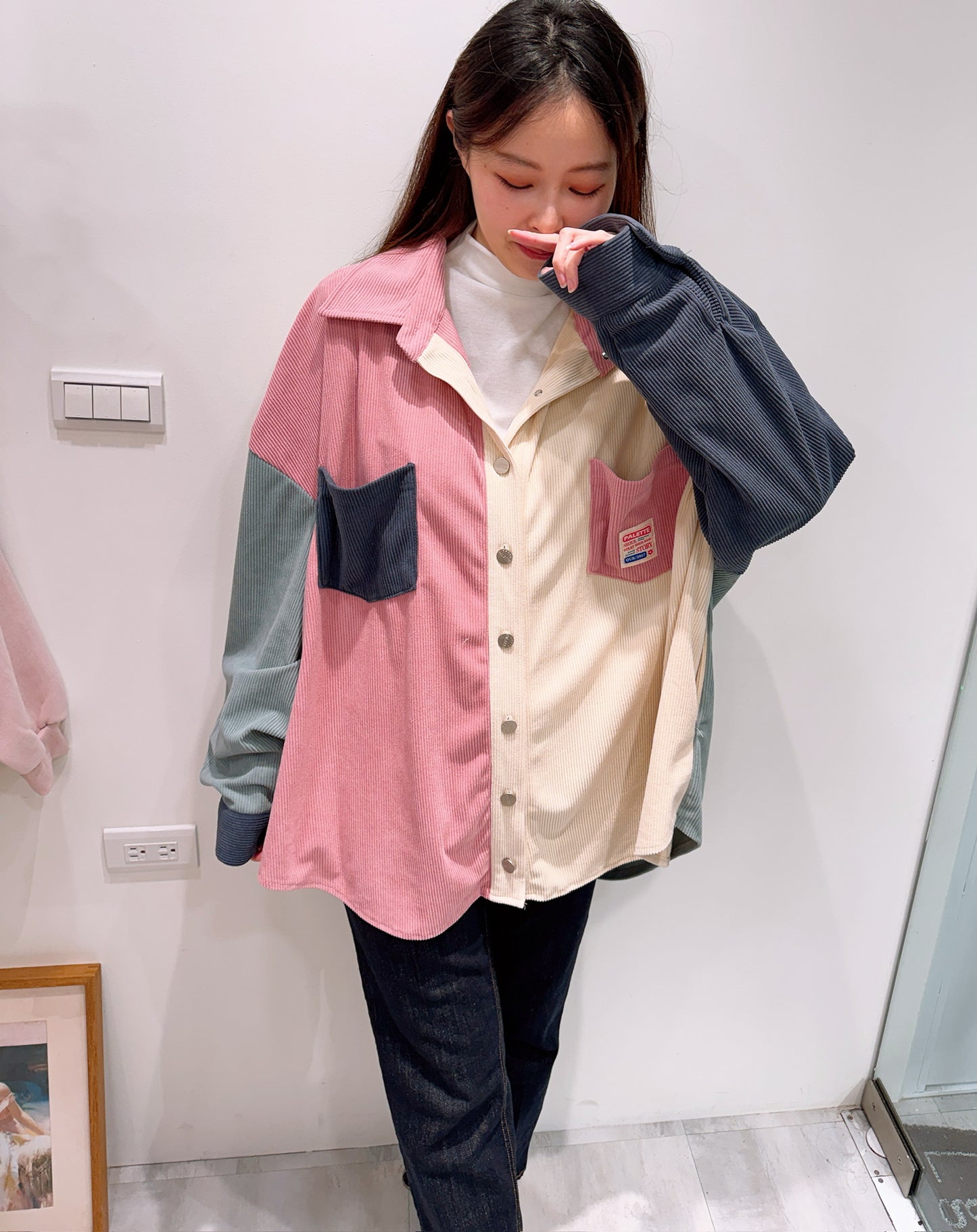 拼色燈芯絨襯衫外套