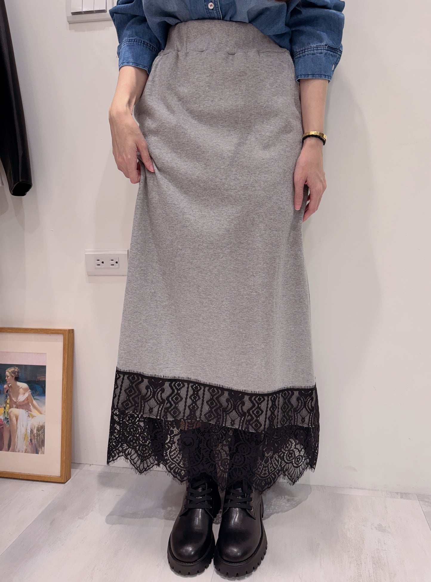 圖紋蕾絲拼接棉質長裙