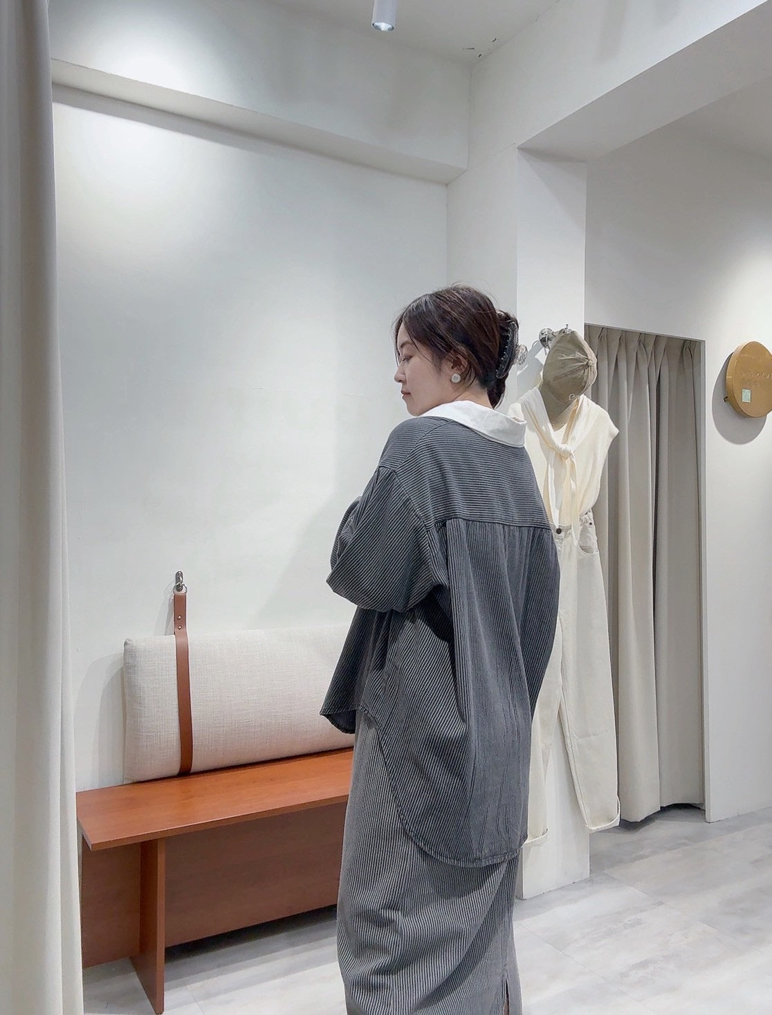 配色領直條襯衫長裙套裝