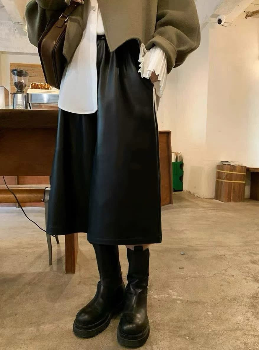 霧面皮革八分褲裙