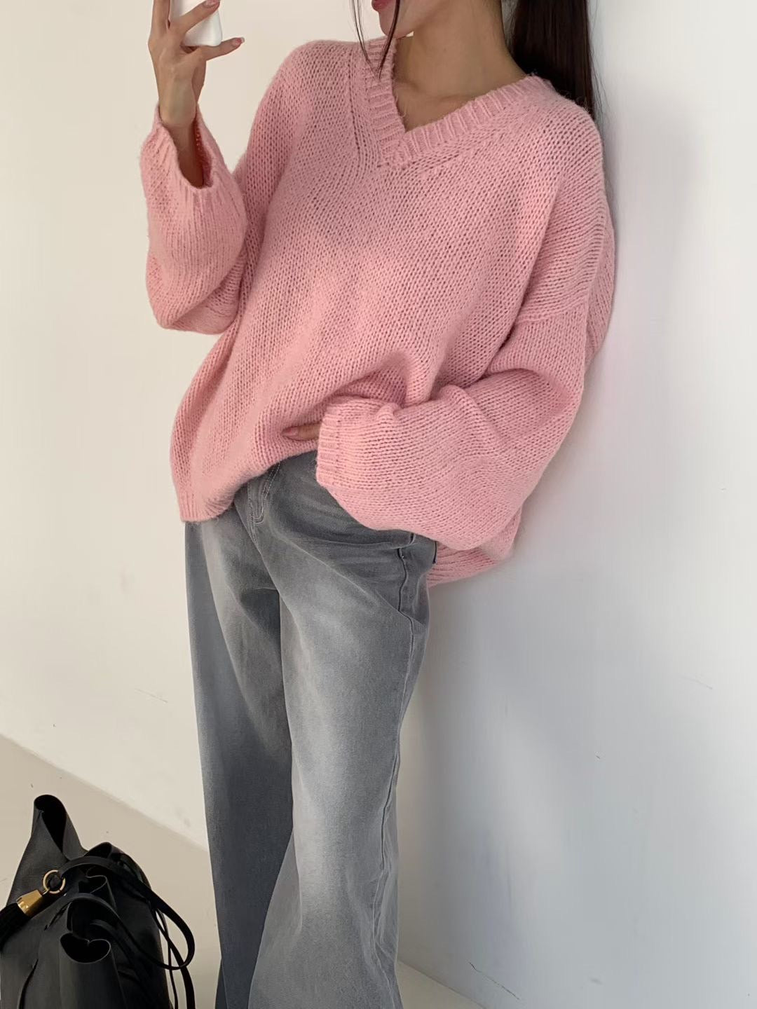 慵懶V型領寬鬆針織衫