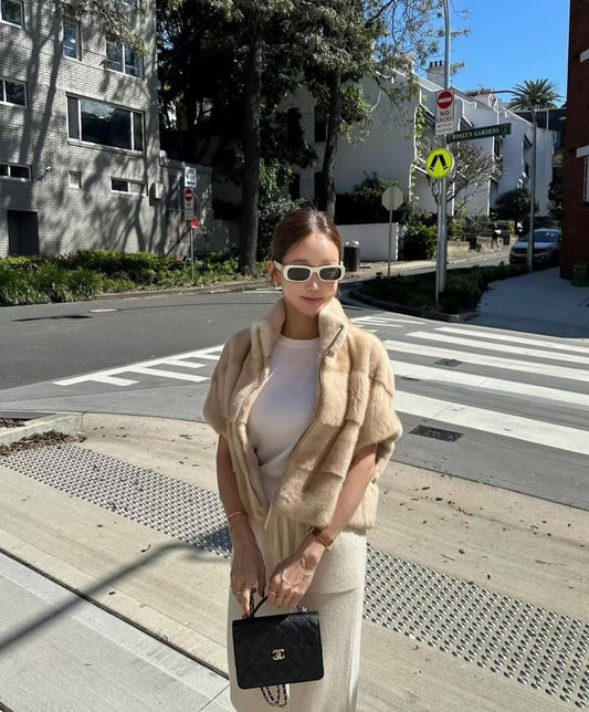 線條短袖毛絨外套