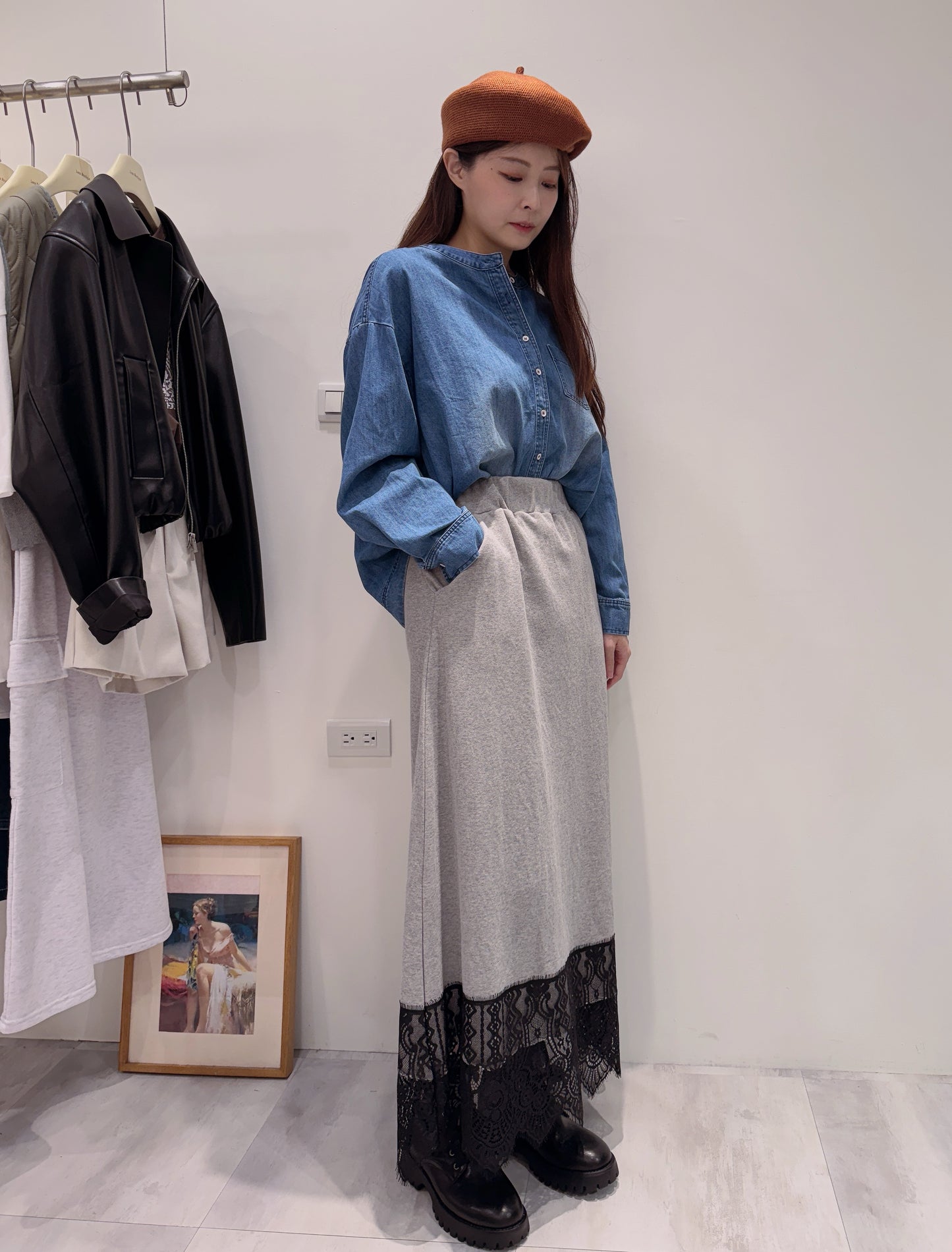 圖紋蕾絲拼接棉質長裙