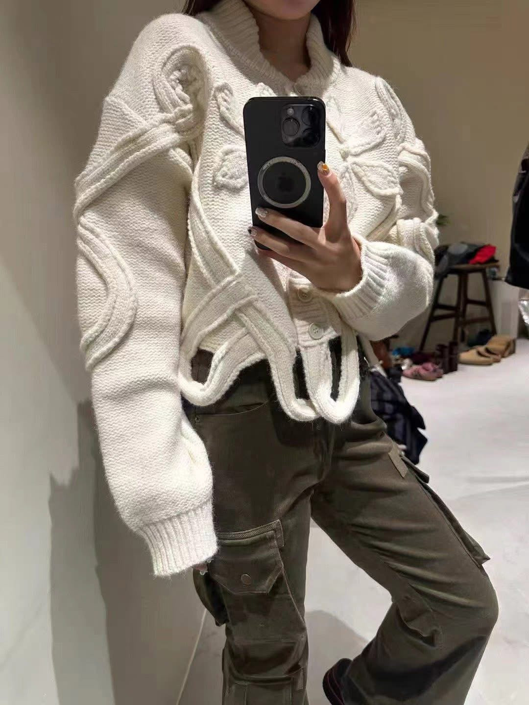 立體編花針織外套