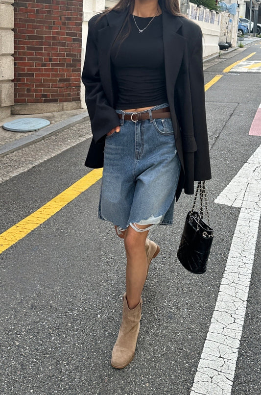 膝上直筒刷破牛仔褲