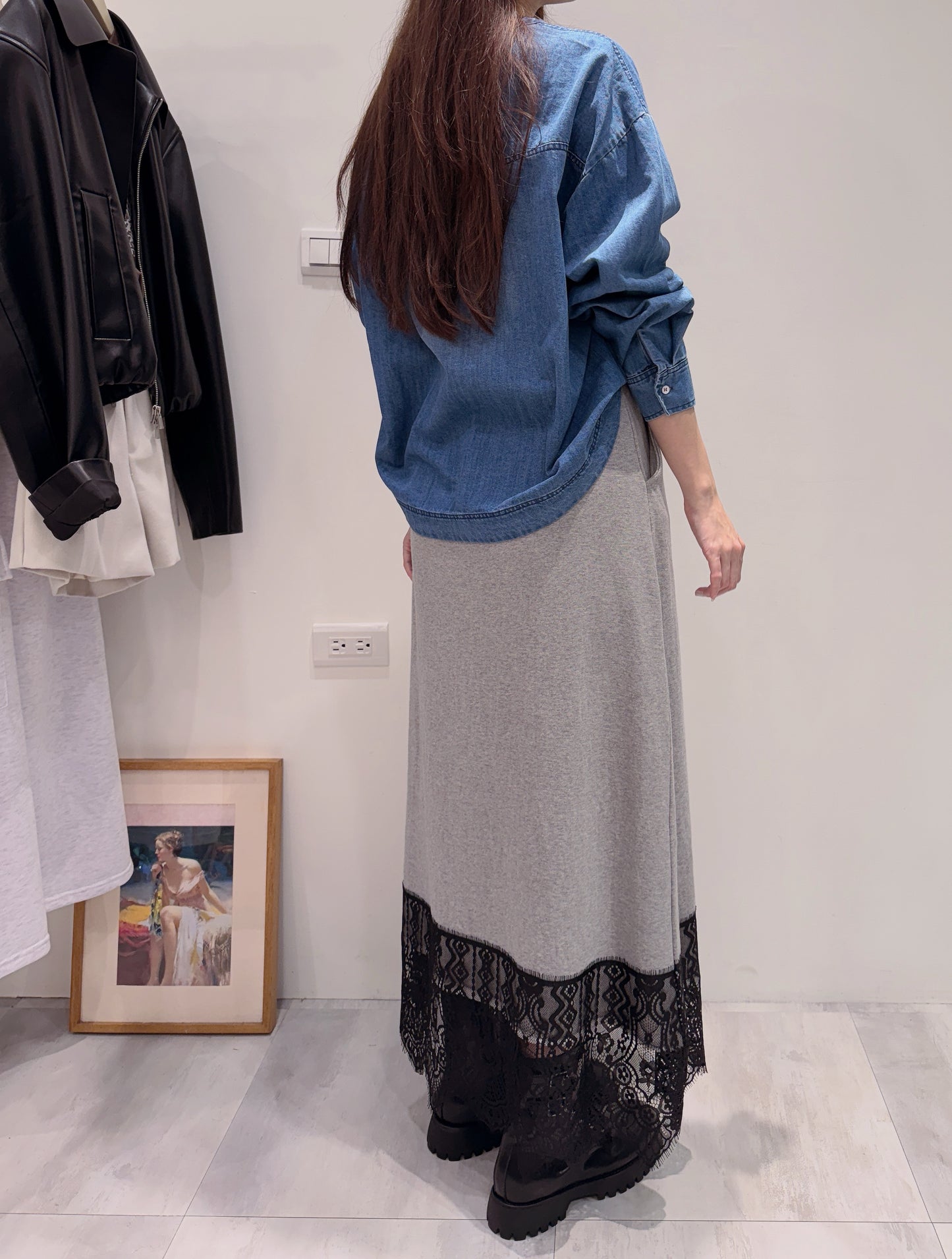 圖紋蕾絲拼接棉質長裙