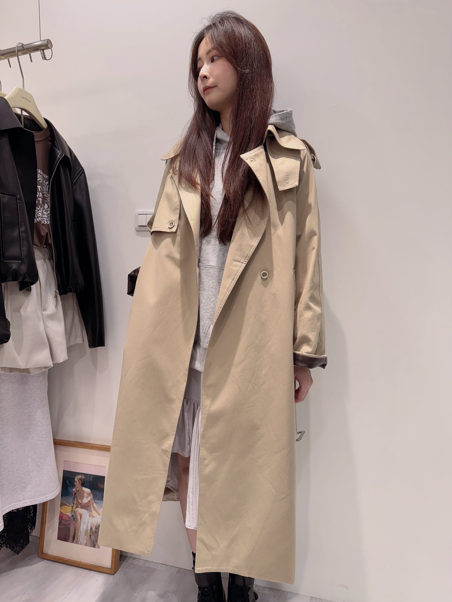 皮革袖設計長風衣外套