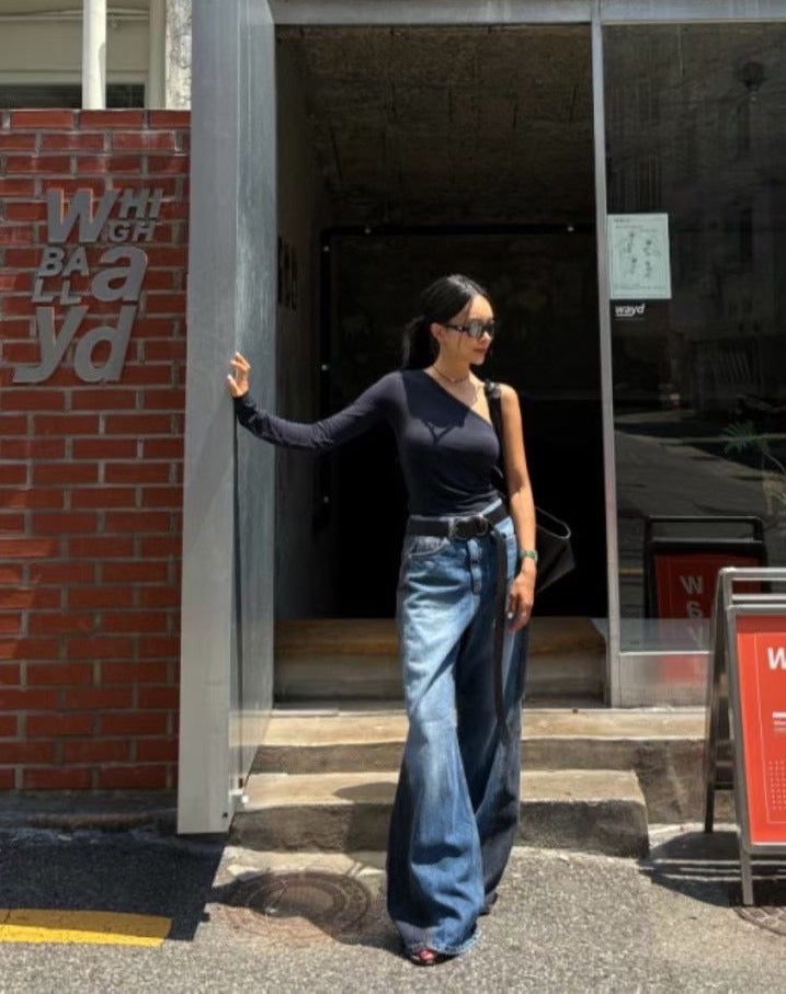 單邊露肩設計長袖上衣