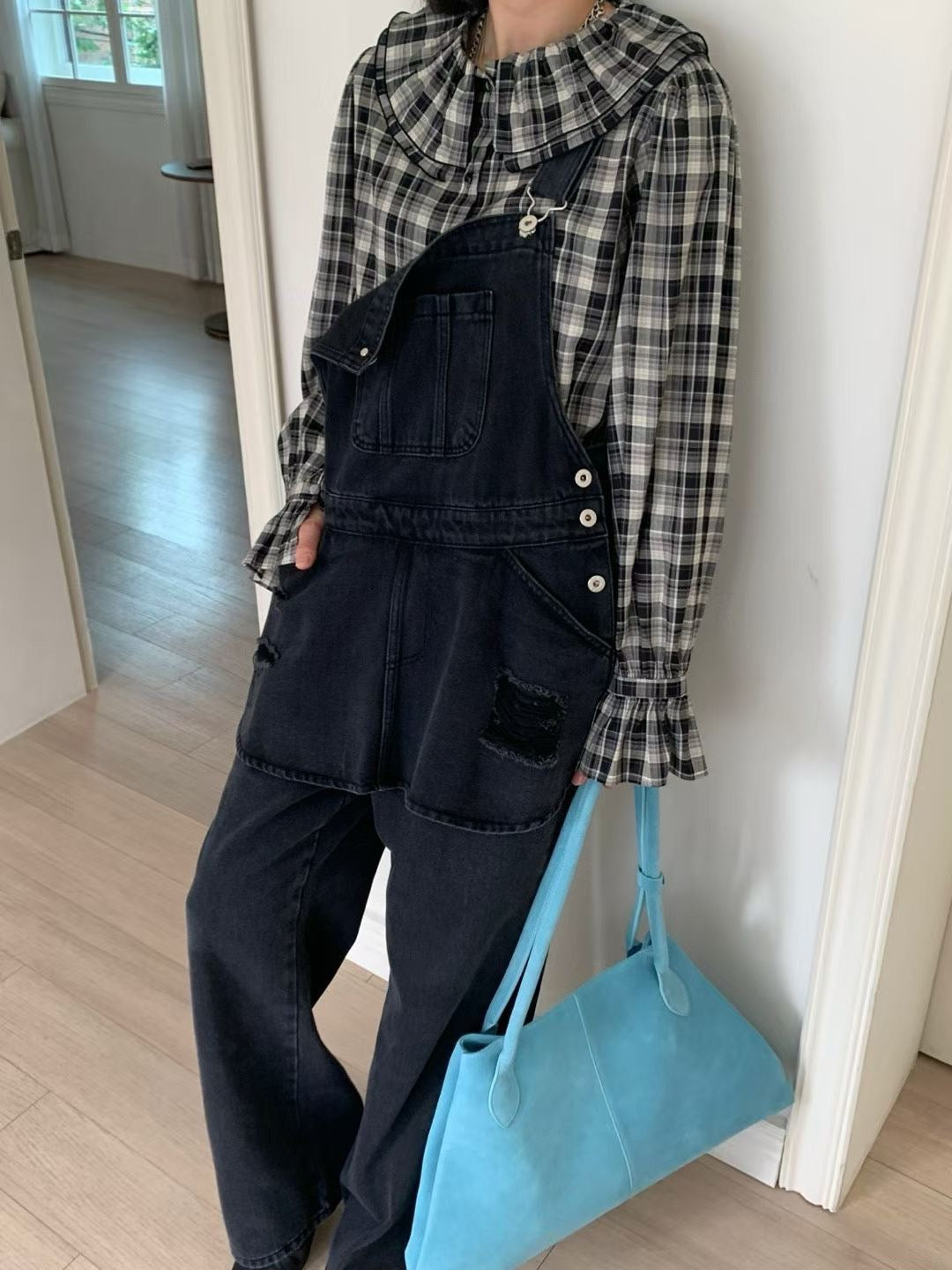 小圍裙設計牛仔吊帶褲